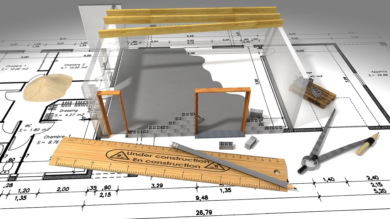 Graphic showing architects plan and drawing instruments
